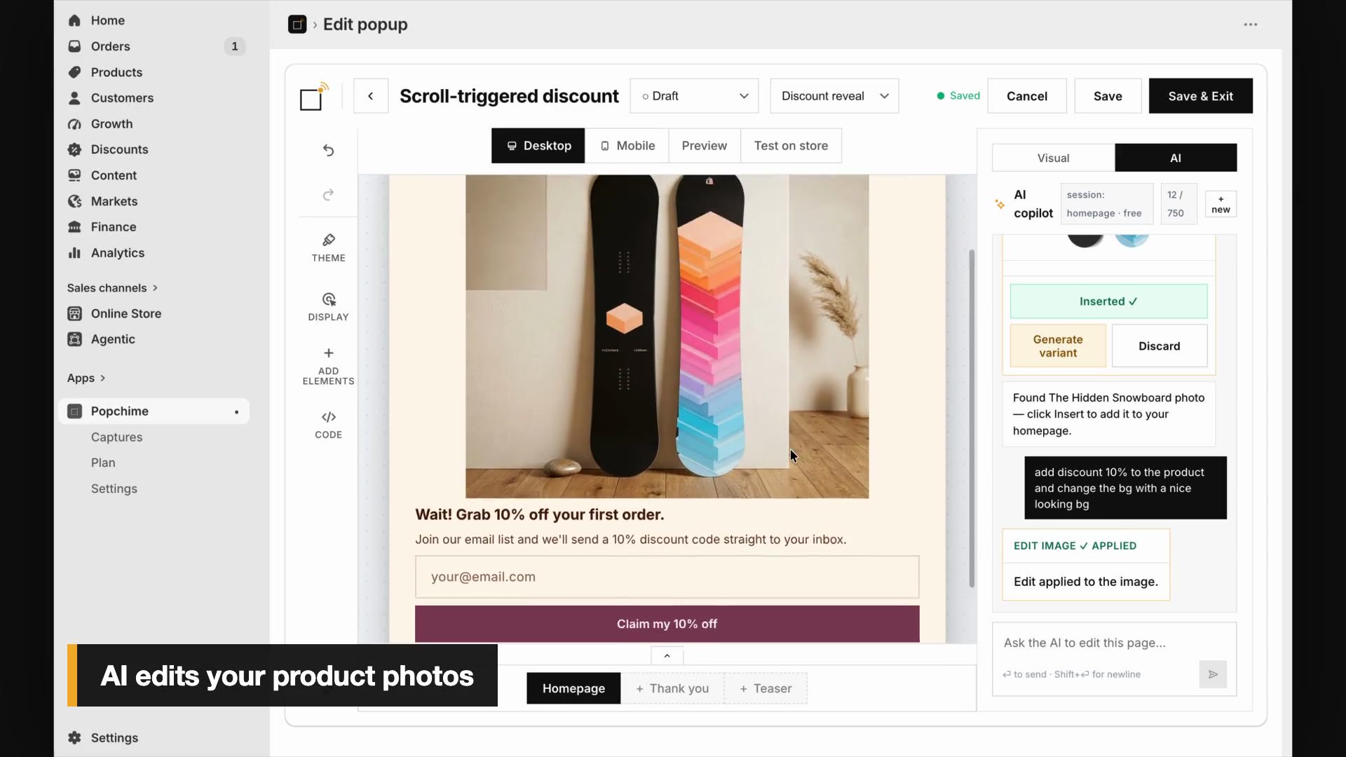 Popchime’s visual popup editor inside Shopify